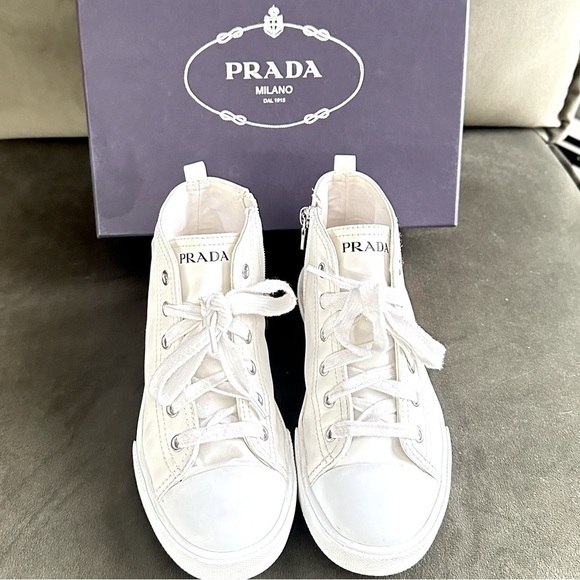 Prada Other - PRADA all white leather high top sneakers size 34 with original box on real real